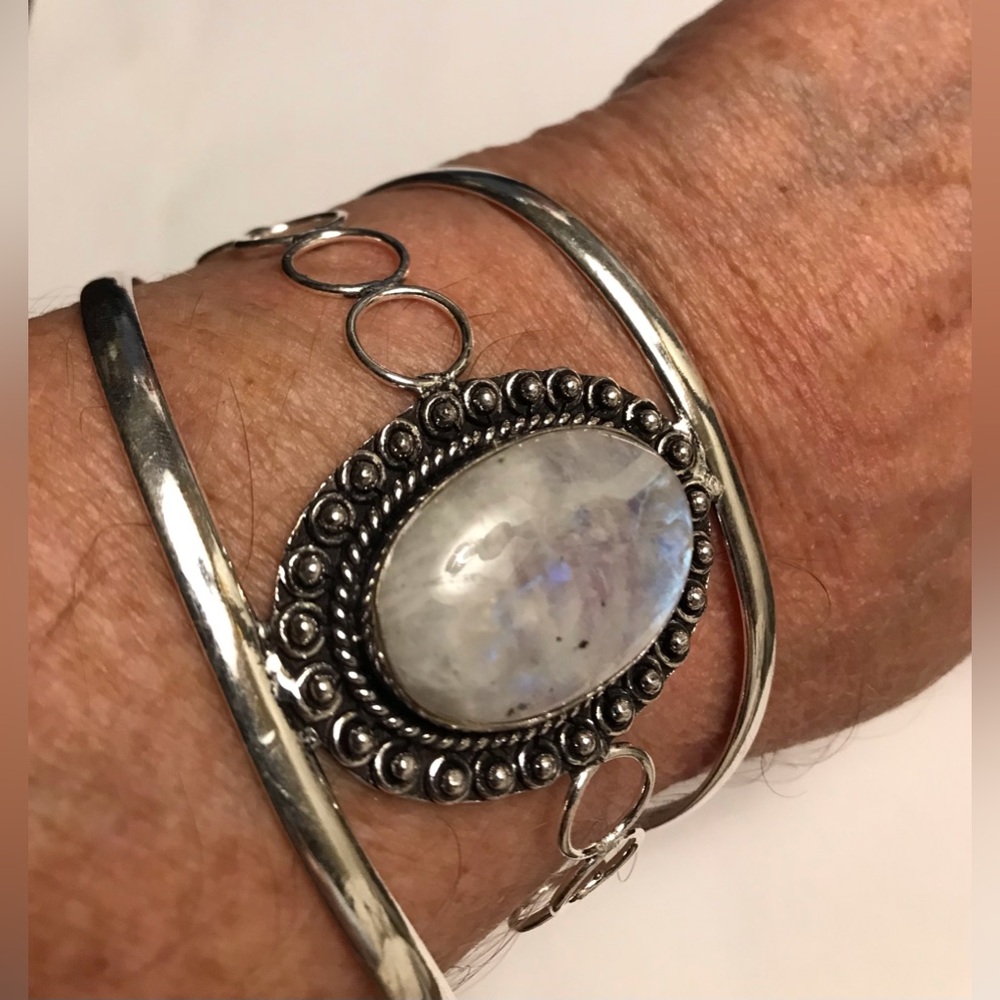 Moonstone Stamped Solid 925 Sterling Silver Cuff Bracelet